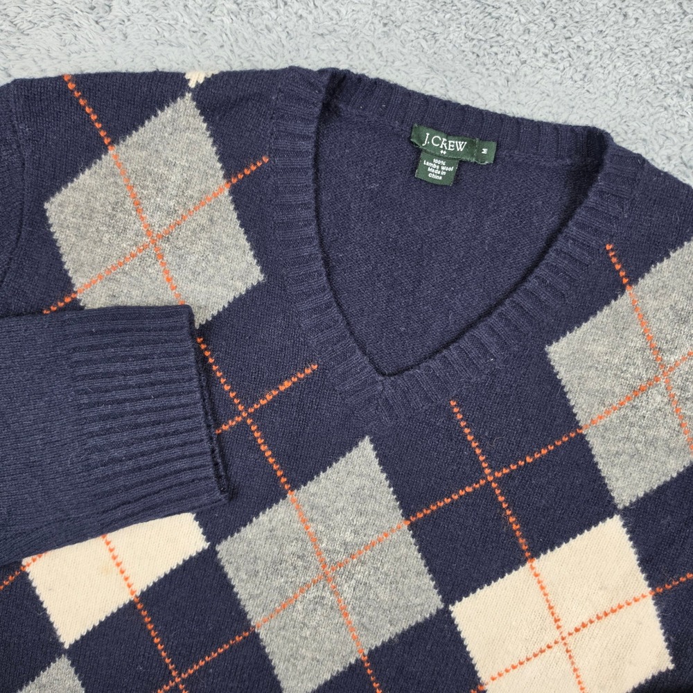 J Crew Lambswool Argyle Sweater Mens M Blue V-Neck Preppy Classic Grandpacore